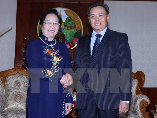 
Vice President Nguyen Thi Doan met with NA Vice Chairman Saysomphone Phomvihane. (Image: TTXVN)
