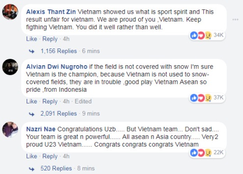 An account on the AFC’s official facebook page wrote: “Vietnam U23 have shown us what the sport spirit is. We are proud of you. You did it well rather than well.”