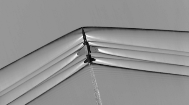 Schlieren photo of shock waves around a full-scale aircraft in flight
