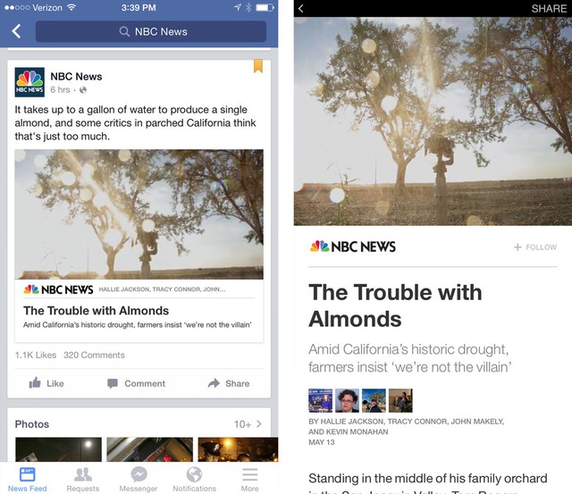 
This is how Facebook Instant partner articles look in the newsfeed (left) and what the branding looks like when you get to the article (right).
