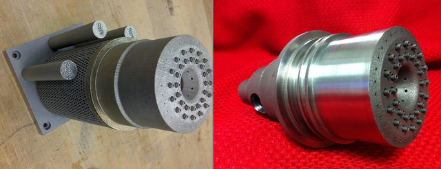 3D-printed rocket injector straight out of the printer (left) and after polishing (right)