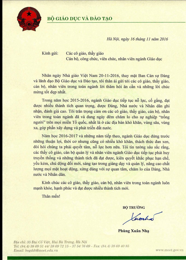 Bộ trưởng Bộ GD&ĐT gửi thư chúc mừng ngày Nhà giáo Việt Nam - Ảnh 1.