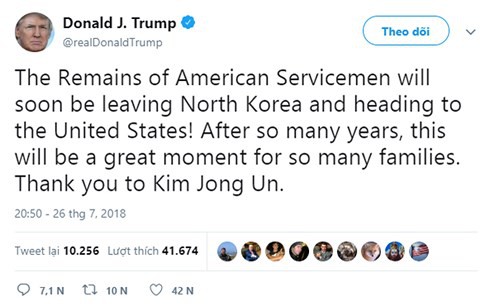 Ông Trump cảm ơn nhà lãnh đạo Triều Tiên trao trả hài cốt binh sĩ Mỹ - Ảnh 1.