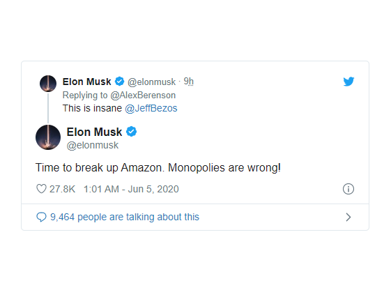 Elon Musk cà khịa Jeff Bezos: Amazon đã đến lúc cần chia tách - Ảnh 1.