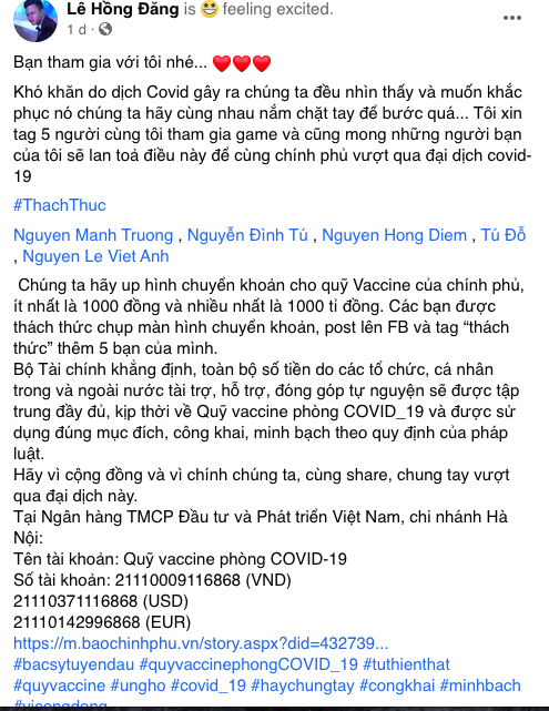 Hồng Đăng cùng diễn viên Việt thách nhau ủng hộ quỹ vaccine phòng chống Covid-19 - Ảnh 1.