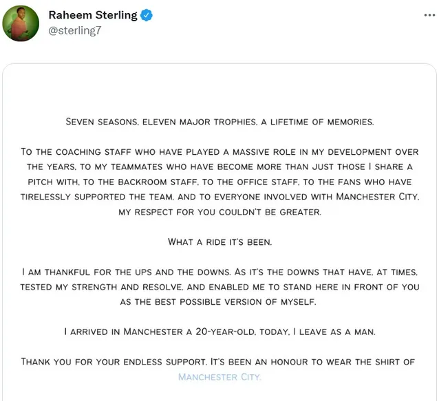 Raheem Sterling viết tâm thư chia tay Manchester City - Ảnh 1.