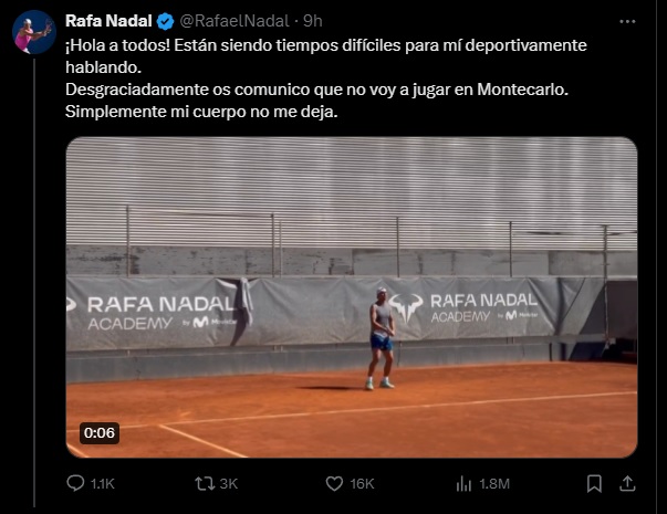 Rafael Nadal rút lui khỏi giải quần vợt Monte Carlo Masters 2024 - Ảnh 1.