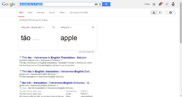 Ngoài Google Translate, Google cũng hỗ trợ người dùng dịch nhanh các từ