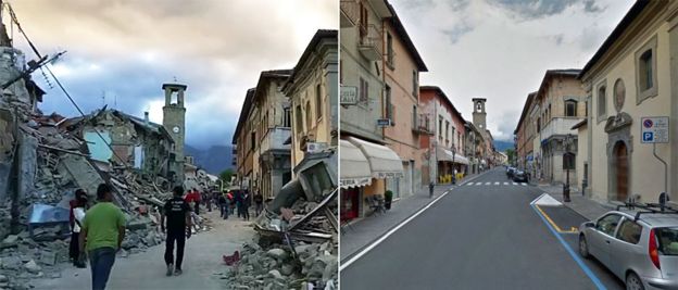 
Hình ảnh thị trấn Amatrice trước và sau trận động đất tại Italy (Ảnh: AP)
