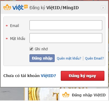 Khung Đăng nhập và Tạo mới tài khoản ViệtID ở góc phải dưới cùng của website