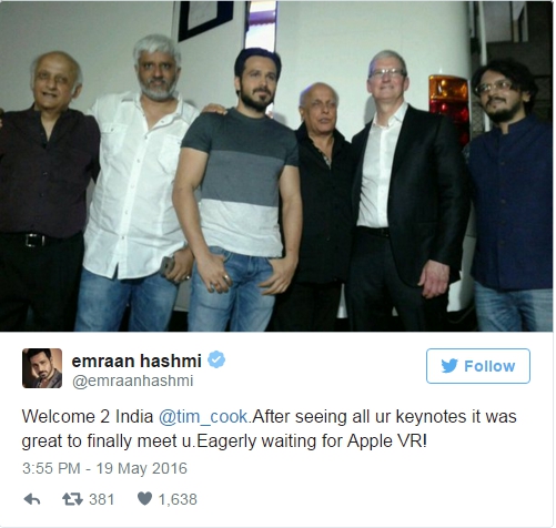
Nam diễn viên Emraan Hashmi người Ấn Độ chia sẻ niềm vui khi đón Tim Cook trên trang Twitter cá nhân
