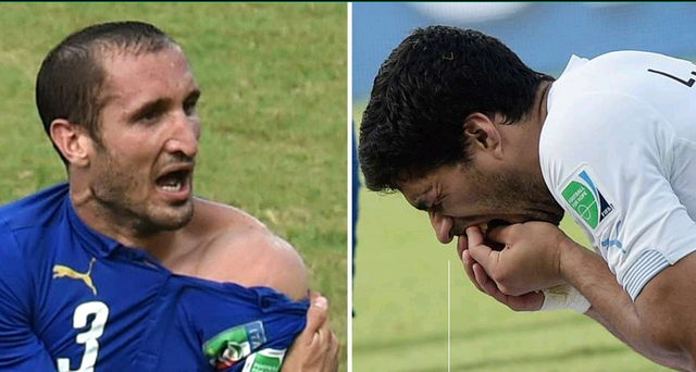 Chiellini bị Suarez (phải) cắn ở World Cup 2014.
