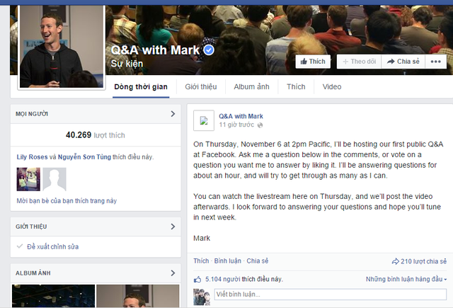 Mark Zuckerberg đã giới thiệu sự kiện trên Facebook