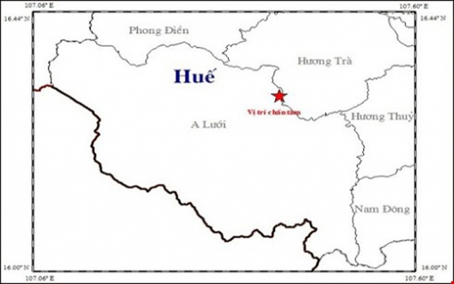 
Vị trí chấn tâm trận động đất 2,5 độ richter ở Hương Trà nằm gần A Lưới trưa 6/12.
