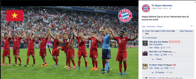 Chúc mừng ngày Quốc Khánh của CĐV Việt Nam trên toàn thế giới là lời chúc từ CLB Bayern Munich.