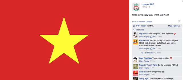 CLB Liverpool cũng gửi lời chúc mừng Quốc khánh Việt Nam qua Facebook - mạng xã hội có rất đông người dùng Việt Nam.