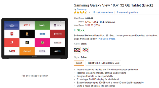 
Samsung Galaxy View hiện được bán với giá 497,99 USD, giảm 102 USD so với giá gốc
