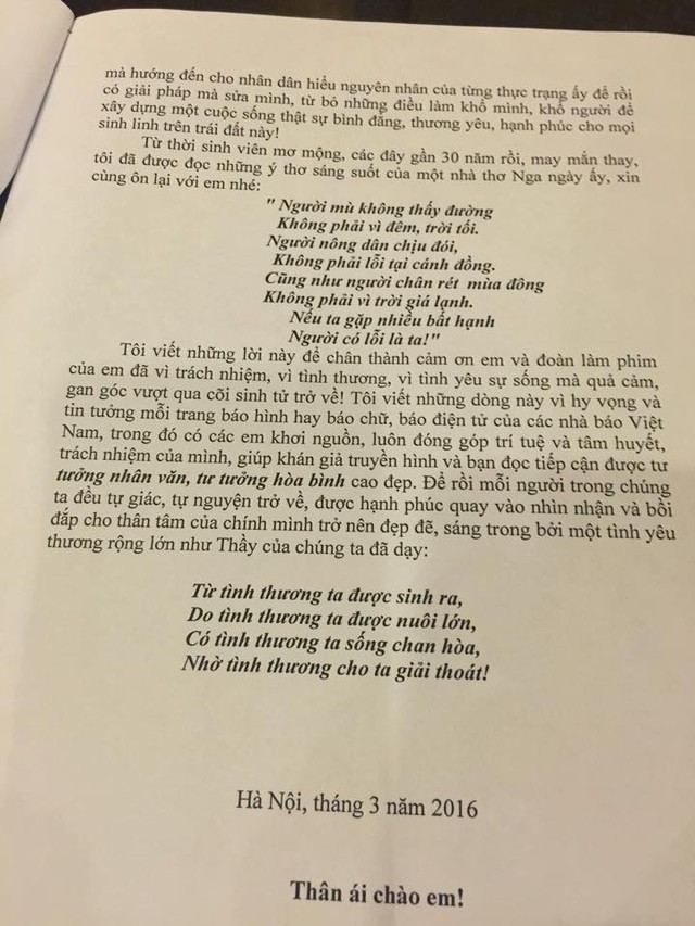 
Bức thư của khán giả gửi tới nhà báo Lê Bình
