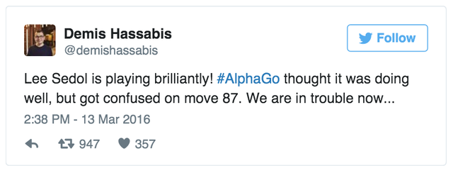 Demis Hassabis giải thích về thất bại của AlphaGo trên trang Twitter của mình