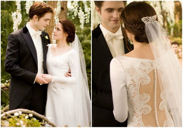 
Chiếc váy cưới của Bella Swan, nhân vật hư cấu của loạt phim Chạng vạng ước tính trị giá 35.000 USD. Thiết kế dài tay kín đáo nhưng phần lưng đính ren khiến cô dâu trông đầy quyến rũ.
