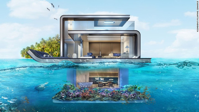 
Floating Seahorse, Dubai: Căn biệt thự này được thiết kế theo chủ đề nhà thuyền với 3 tầng. 2 tầng trên nổi hoàn toàn trên mặt nước và 1 tầng chìm hẳn dưới mặt biển. Được thiết kế bởi tập đoàn Kleindienst và các chuyên viên thiết kế, căn biệt thự là một phần trong khu resort Heart of Euro trên bờ biển Dubai.
