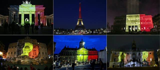
Các công trình lớn ở châu Âu tưởng niệm nạn nhân sau vụ tấn công khủng bố ở Brussels với 3 màu đặc trung của quốc kỳ Bỉ.
