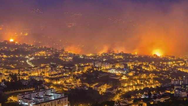 
Lửa cháy bừng bừng gần thành phố Funchal, đảo Madeira, Bồ Đào Nha hôm 9-8 - (Ảnh: EPA)
