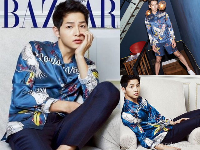 
Hai nam tài tử cùng diện áo sơ mi bằng lụa của nhãn hiệu Louis Vuitton. Song Joong Ki xuất hiện trên trang bìa tạp chí Harpers Bazaar trong khi Rain lại mặc cùng chiếc áo trong bộ ảnh mới của tạp chí Cosmopolitan.
