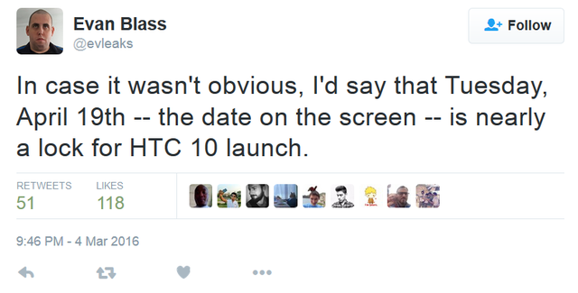 Evan Blass xác nhận thông tin về ngày ra mắt HTC 10 trên Twitter