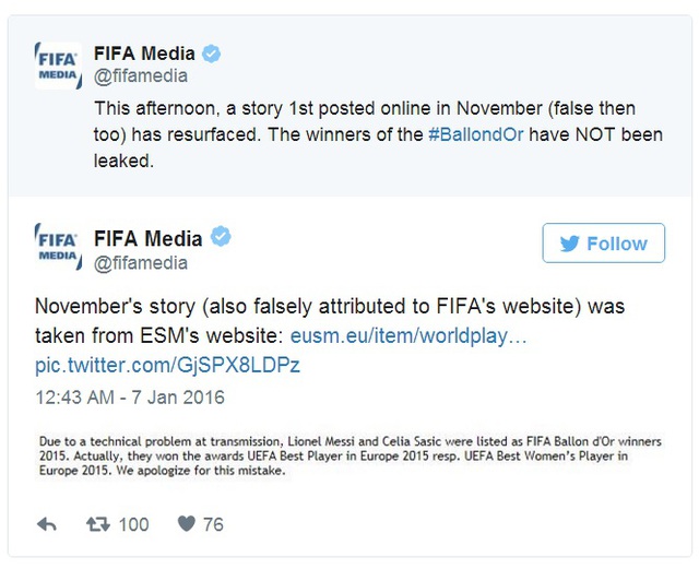 
FIFA đính chính thông tin trên trang Twitter
