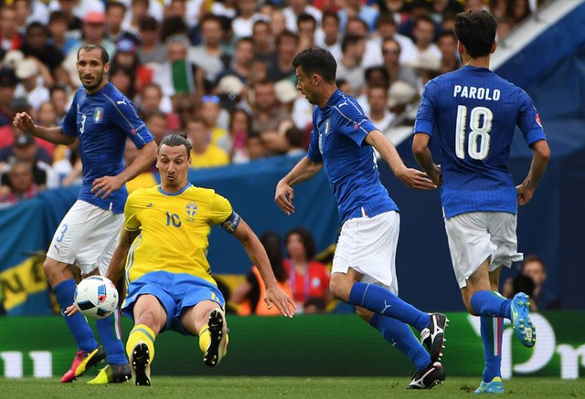 
Ibrahimovic trong vòng vây của các cầu thủ Italia. Ảnh: UEFA
