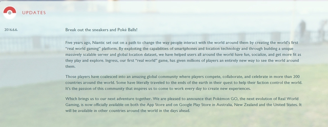 Thông báo của Niantic về kế hoạch phát hành Pokémon GO