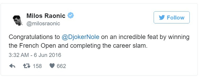 
Raonic: Chúc mừng Djokovic với thắng lợi ở Pháp mở rộng và hoàn tất trọn bộ 4 giải Grand Slam
