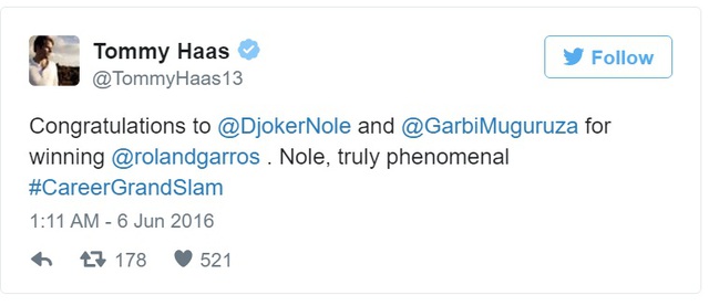 
Haas: Xin chúc mừng Djokovic và Muguruza với chức vô địch Roland Garros Nole thực sự là một hiện tượng
