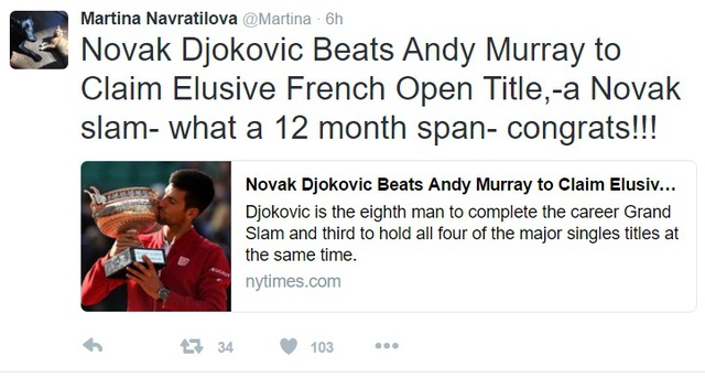 
Navratilova: Djokovic đánh bại Murray để giành chức vô địch Pháp mở rộng. Phải gọi đó là Novak Slam sau 12 tháng chờ đợi. Xin chúc mừng!

