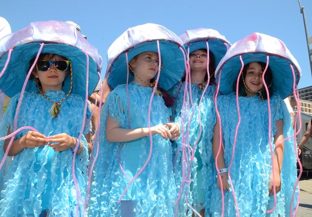 
Đến với lễ hội này, bạn sẽ có dịp chiêm ngưỡng ngàn nàng ngàn nàng tiên cá và “sinh vật biển” trong những trang phục độc đáo, màu sắc. ảnh: Cedar, Dana, Cayla và Darla, bốn cô bé hóa trang thành sứa biển.

