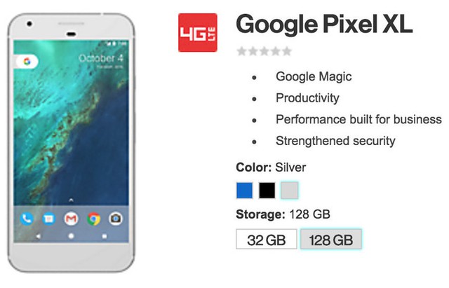 Thông tin về Google Pixel XL được đăng tải trên trang bán hàng của Verizon