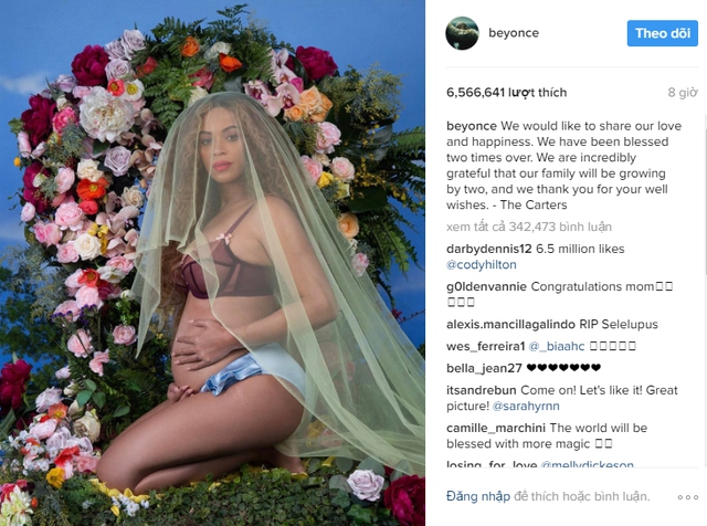 Thông báo mang thai đôi, Beyonce phá vỡ kỷ lục của Instagram - Ảnh 1.