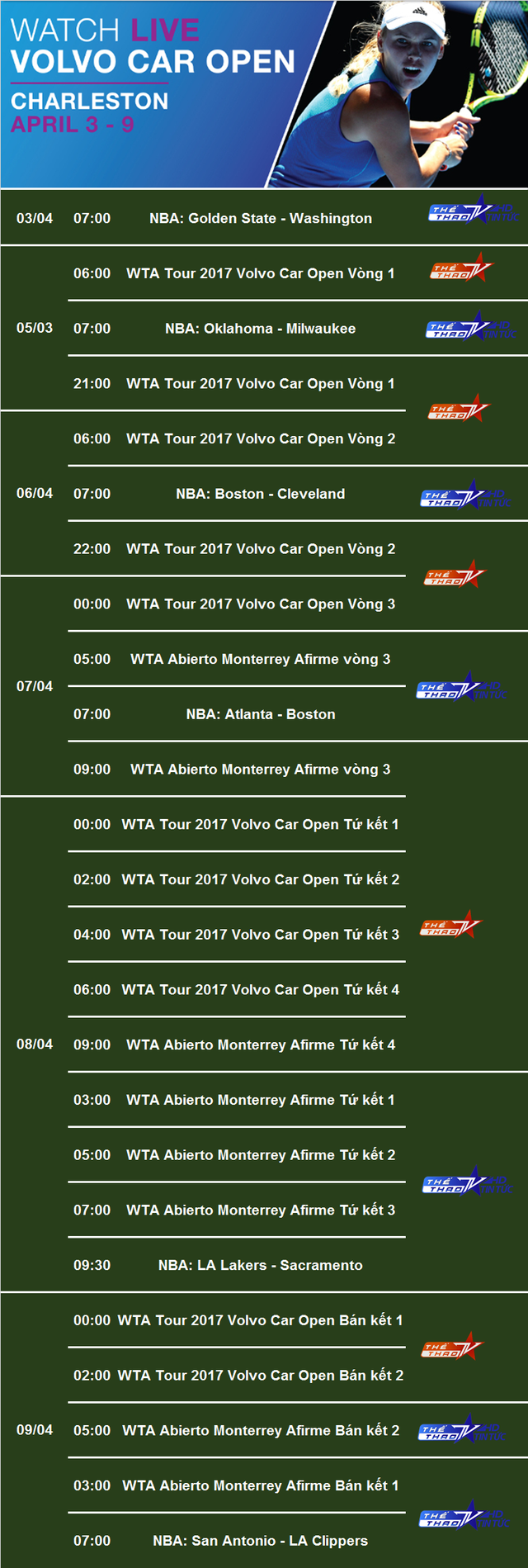 Lịch tường thuật trực tiếp thể thao trên VTVcab từ ngày 3/4 đến 9/4 - Ảnh 1.