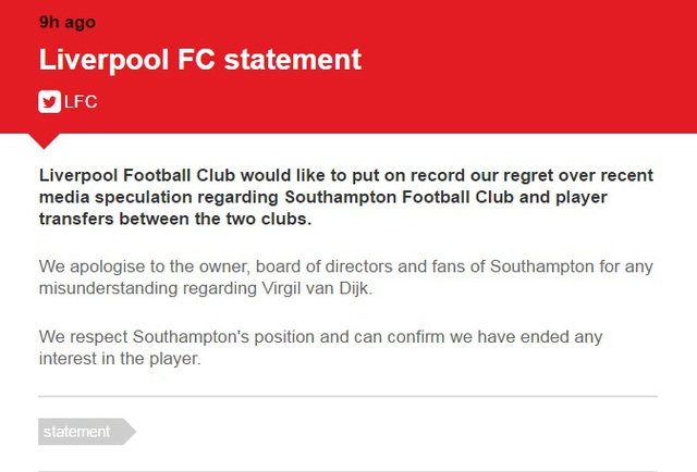 Liverpool không còn quan tâm đến Virgil van Dijk, lên tiếng xin lỗi Southampton - Ảnh 1.