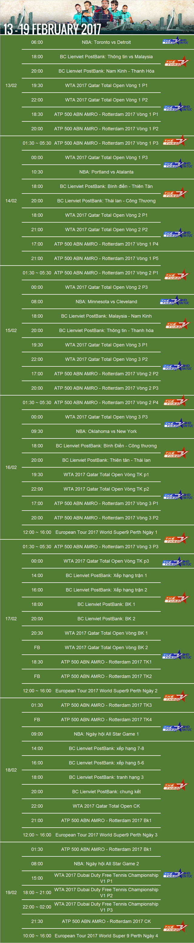 Lịch trực tiếp thể thao trên VTVcab (từ 13/2-19/2): Sôi động giải bóng chuyền Cúp Liên Việt 2017 - Ảnh 2.