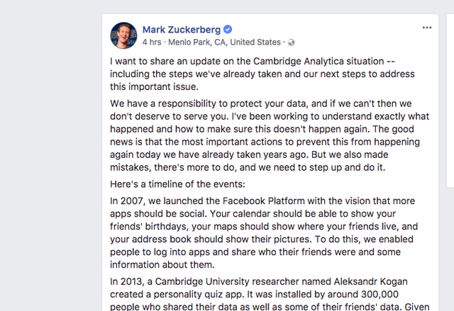 Ông chủ Facebook lên tiếng giữa tâm bão bê bối dữ liệu, thừa nhận mắc sai lầm - Ảnh 1.