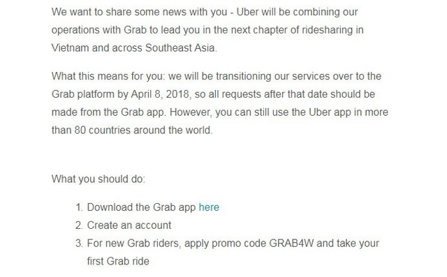 Bị Grab thâu tóm, Uber gửi mail thông báo chuyển đổi ứng dụng từ 8/4 - Ảnh 1.