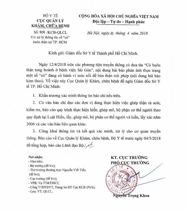 Bộ Y tế yêu cầu làm rõ vụ  Cò buôn thận tung hoành ở bệnh viện Sài Gòn - Ảnh 1.