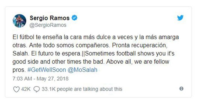 Salah chấn thương nặng, Ramos gửi lời an ủi - Ảnh 1.