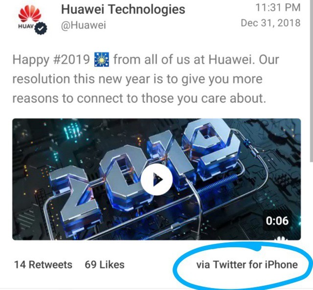 Huawei muối mặt vì dùng iPhone để viết lời chúc mừng năm mới - Ảnh 1.
