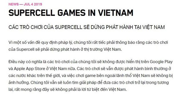 Hãng Supercell chính thức dừng phát hành game tại Việt Nam - Ảnh 1.