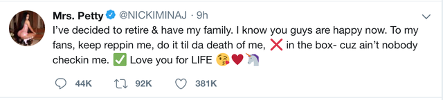 Nicki Minaj bỗng nhiên tuyên bố giải nghệ và muốn xây dựng gia đình - Ảnh 1.