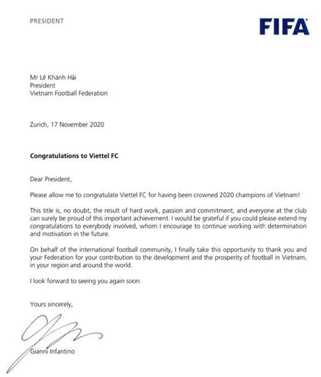Chủ tịch FIFA chúc mừng CLB Viettel đăng quang ngôi vô địch LS V.League 1-2020 - Ảnh 2.