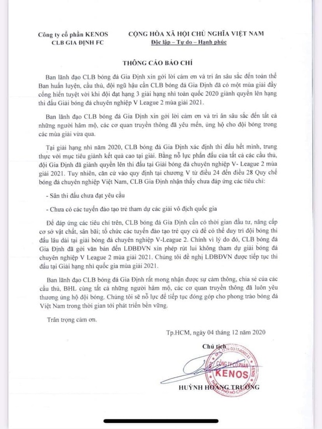 Vừa lên hạng, CLB Gia Định xin rút lui khỏi giải Hạng Nhất 2021 - Ảnh 1.